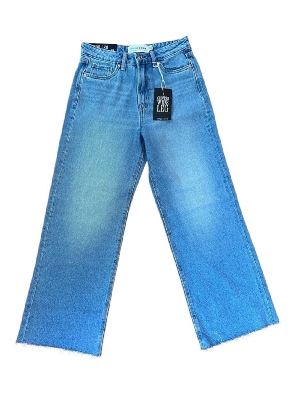 REFUGE denim jeans wide legs high rise waist blue 100% cotton cargo cropped 1